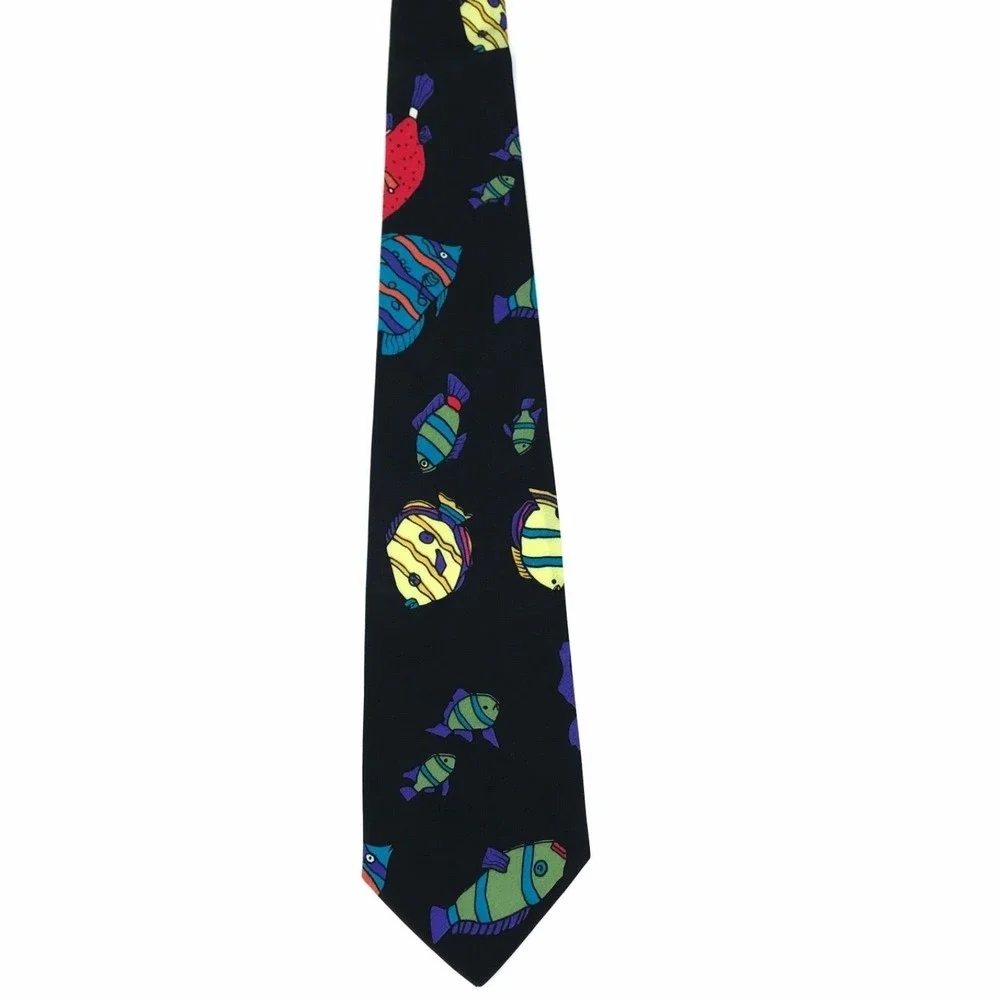 Handmade Black Colorful Fish Tie Sea Animal Art Artistic Men's Necktie 3.5 x 55